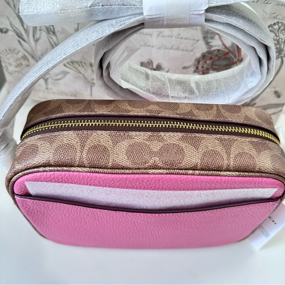 Coach Jamie Pink Tan Leather Crossbody Camera Bag CBM24 Signature Trim Print - Picture 8 of 16